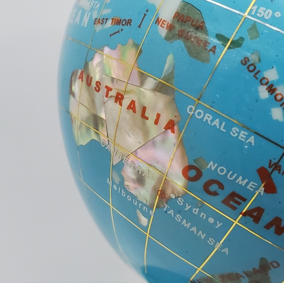 Semi-Precious Gemstone Globe 8" Stand Inlaid Brass Blue And Golden , VINTAGE - Picture 11 of 14